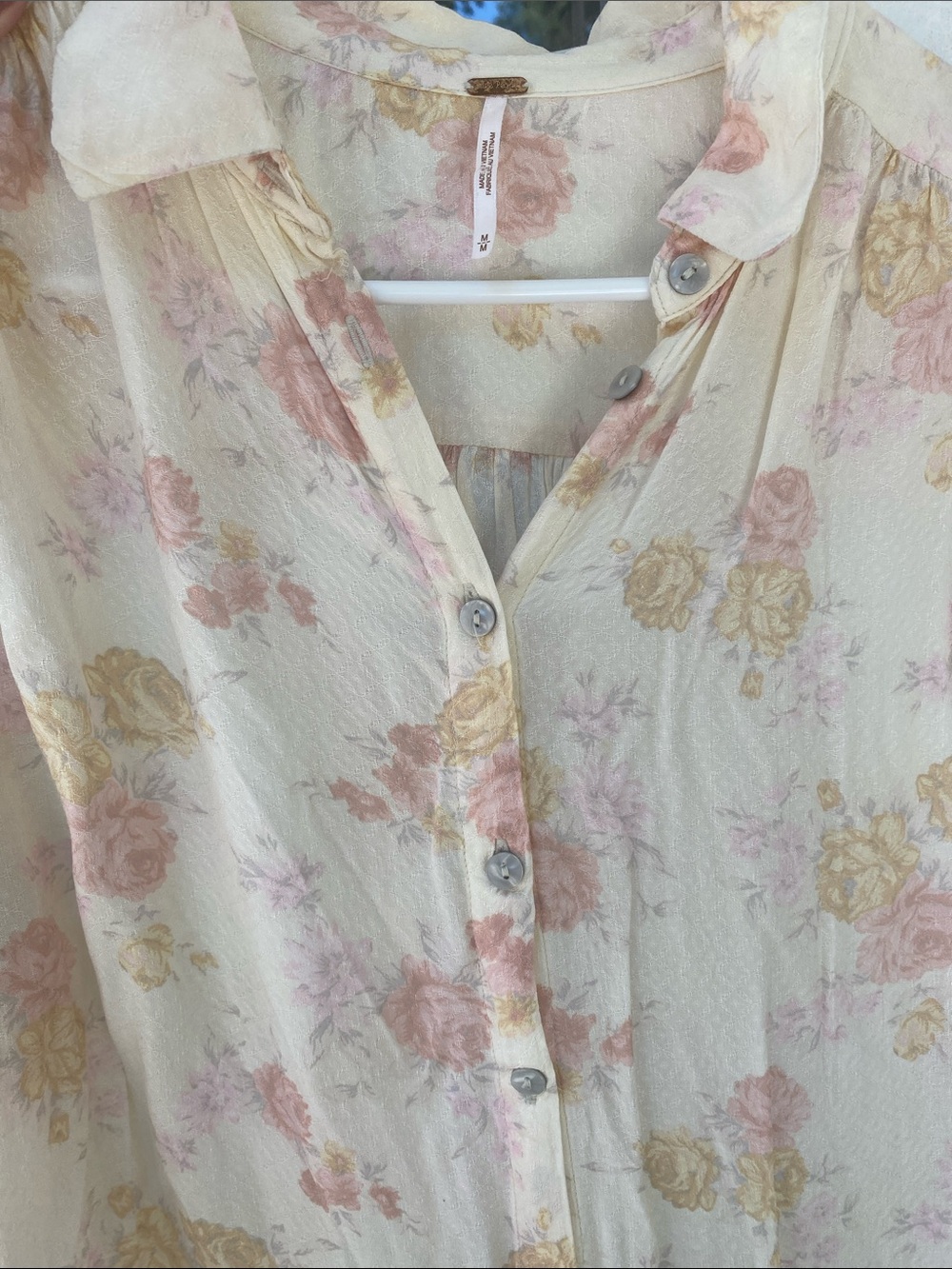 Free People Cream Button-Down Shirt with Pink & Yellow Floral Tye Front